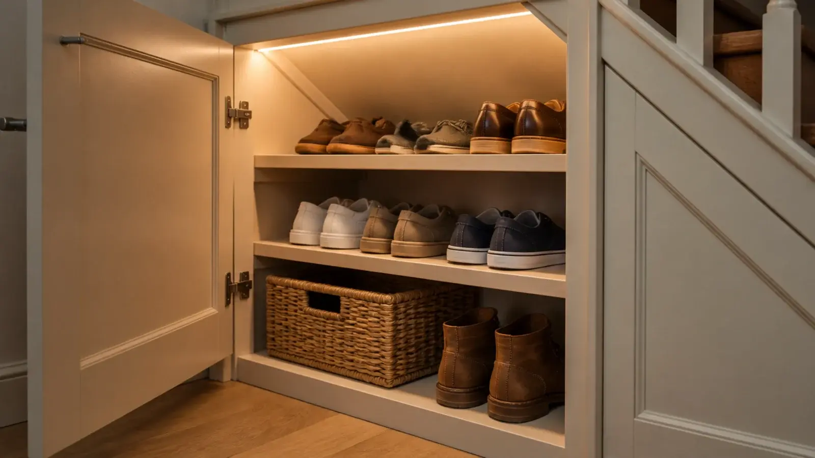 warm led strip lighting the inside of an under stairs shoe cupboard