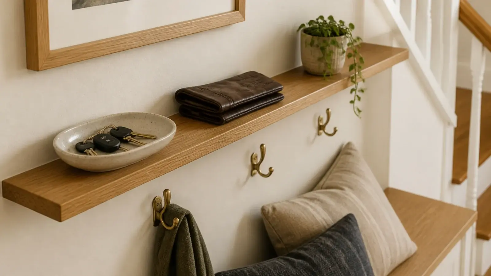 narrow drop zone shelf above an under stairs bench holding keys