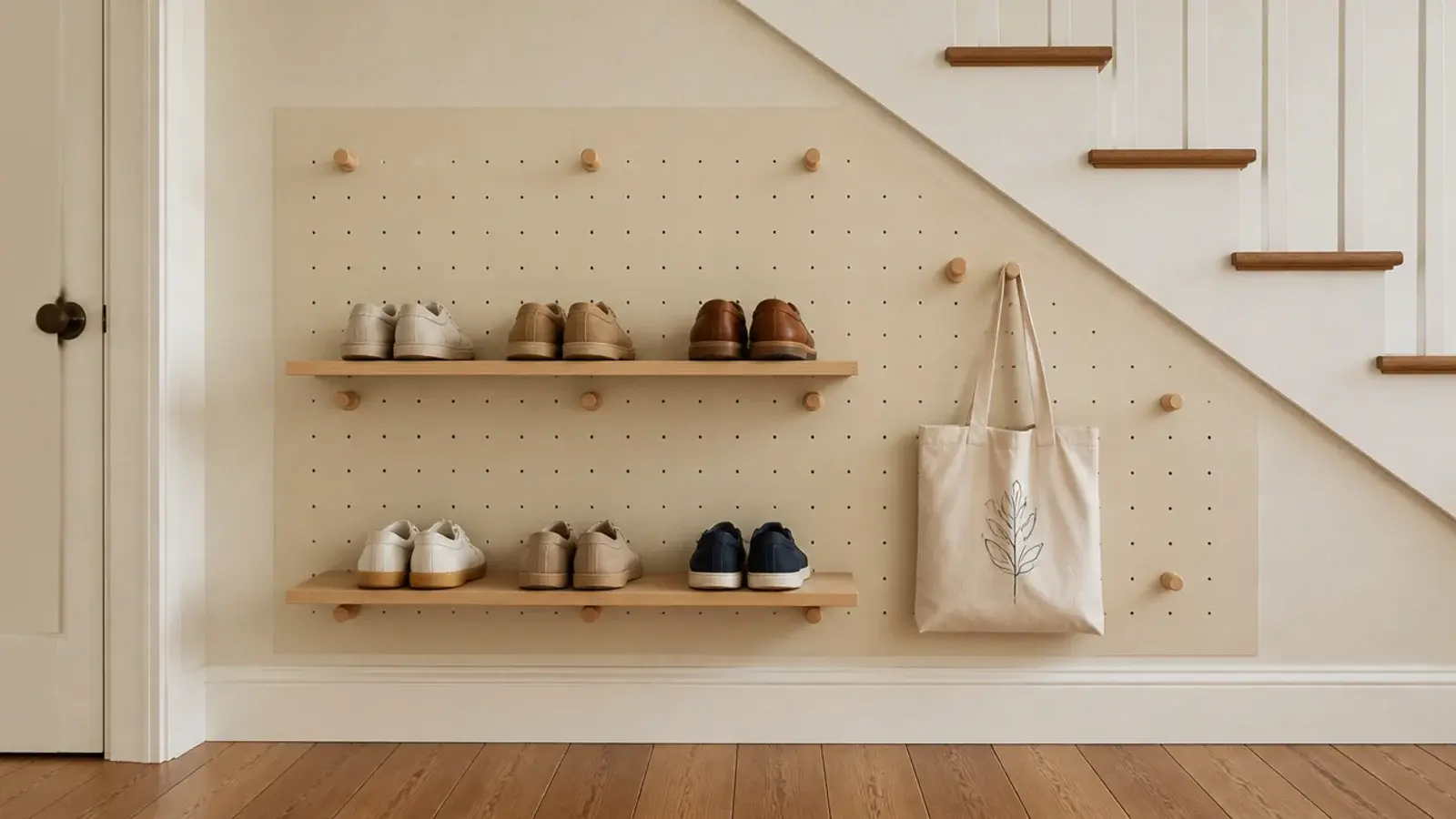 painted pegboard on an under stairs wall holding shoe racks and pegs