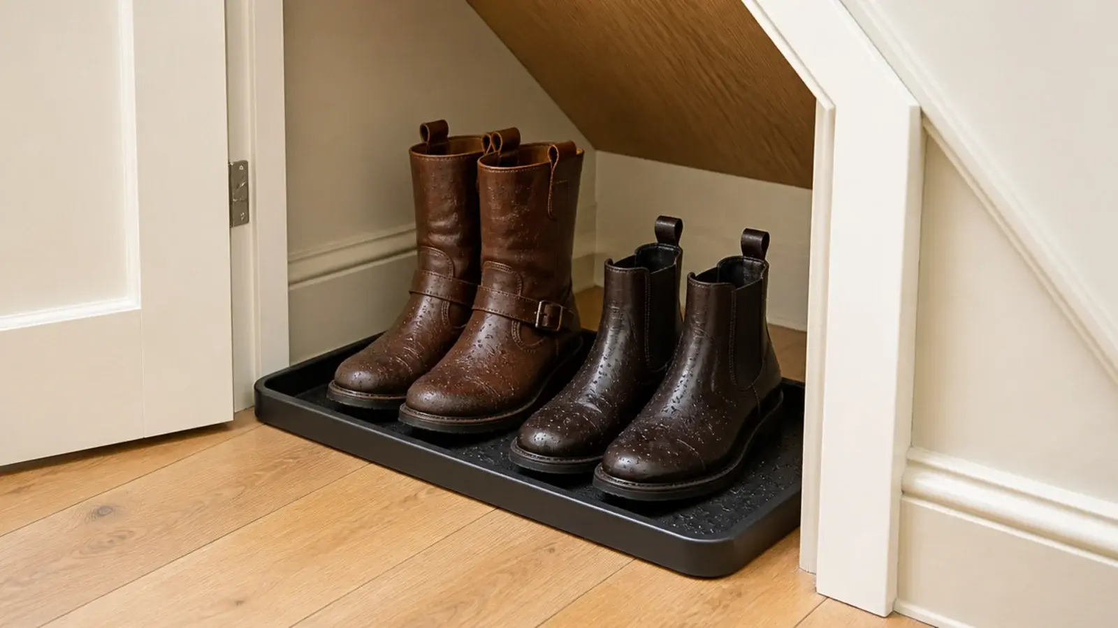 raised lip boot tray holding wet boots inside a staircase cupboard