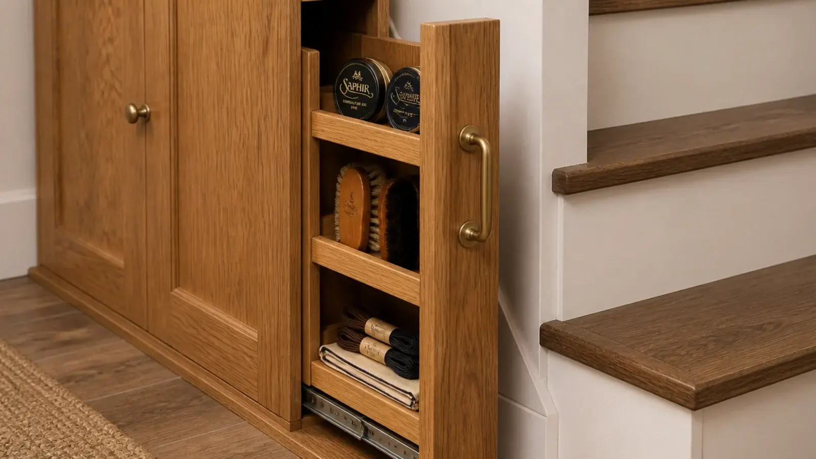 narrow pull out caddy of shoe polish and brushes under a staircase