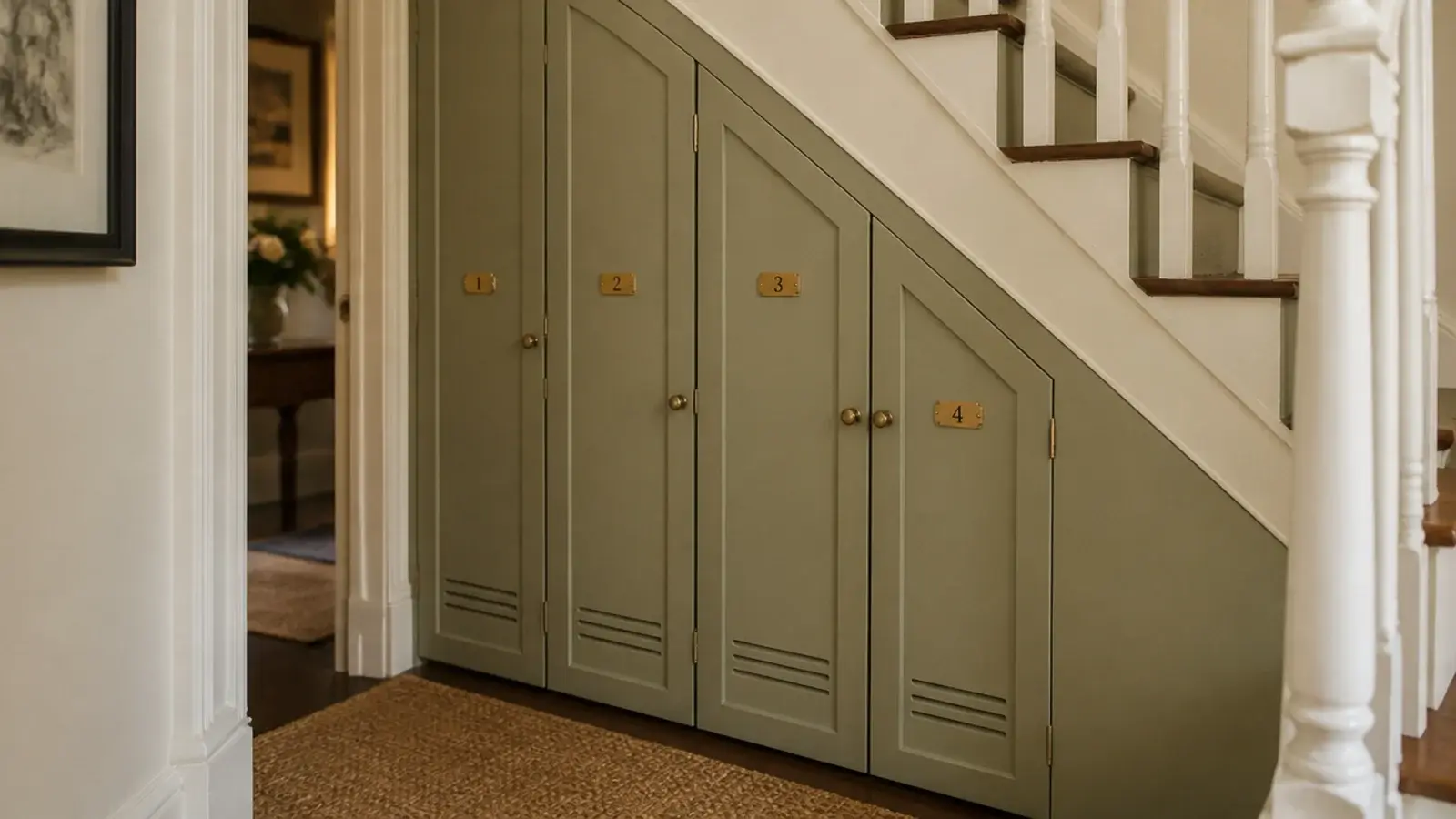 numbered shoe lockers built along the length of a staircase run