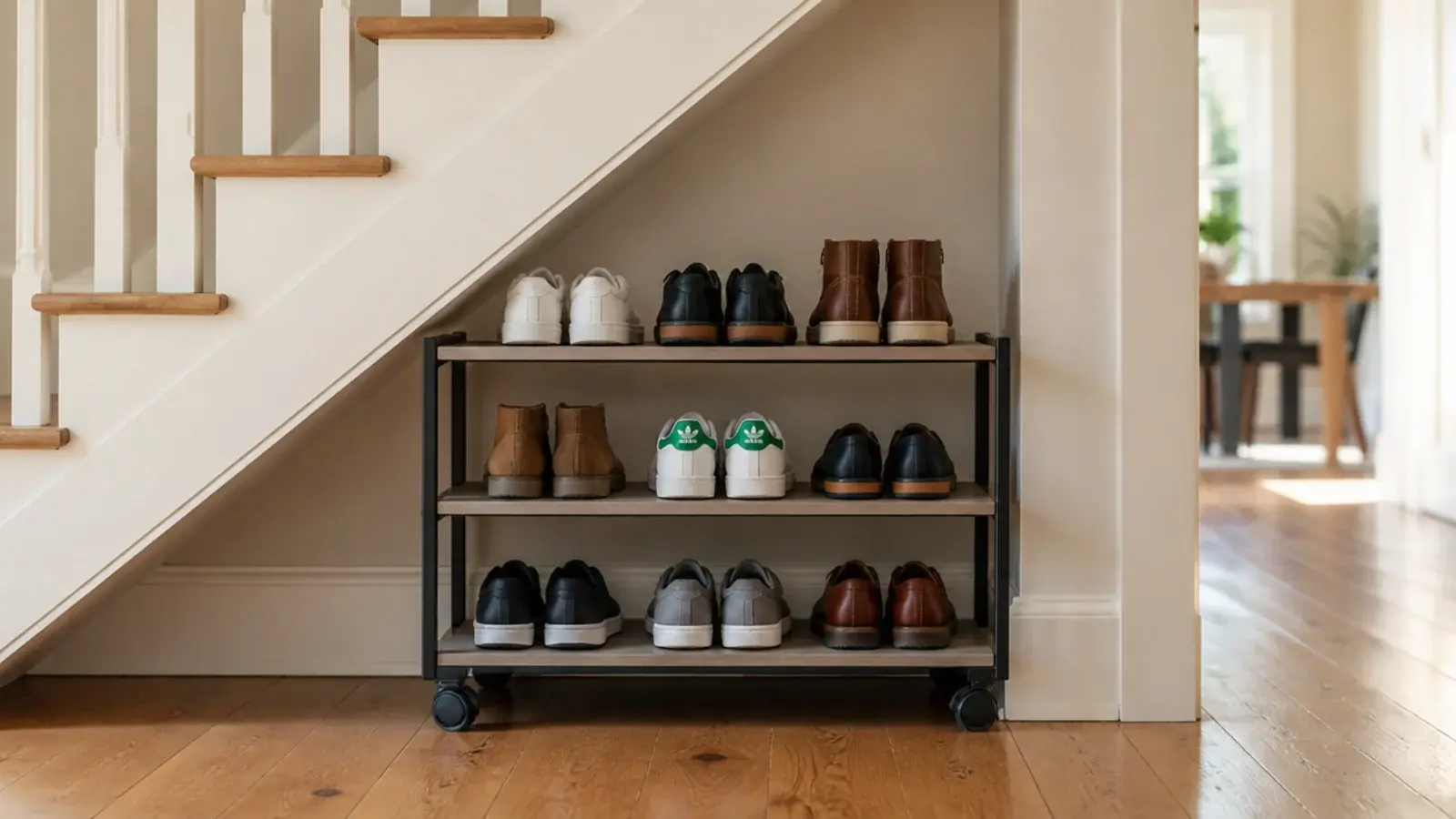 freestanding shoe rack on castors rolled under a staircase opening