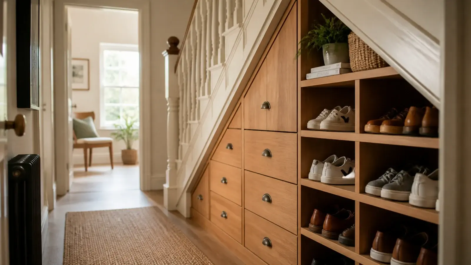 under stairs shoe storage bay with oak drawers and neat rows of shoes
