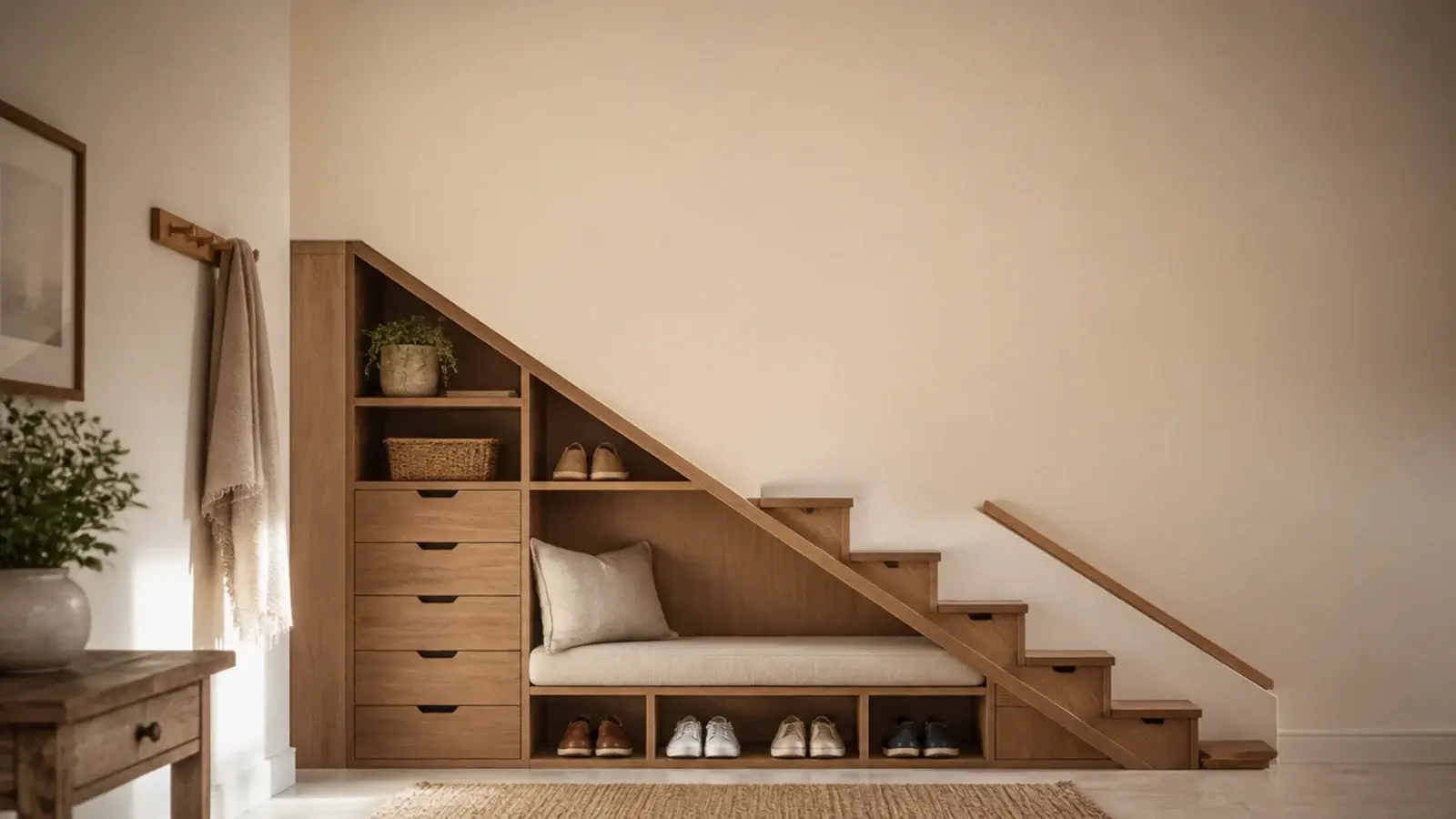 vertical under stairs shoe storage image with fitted oak drawers and cubbies