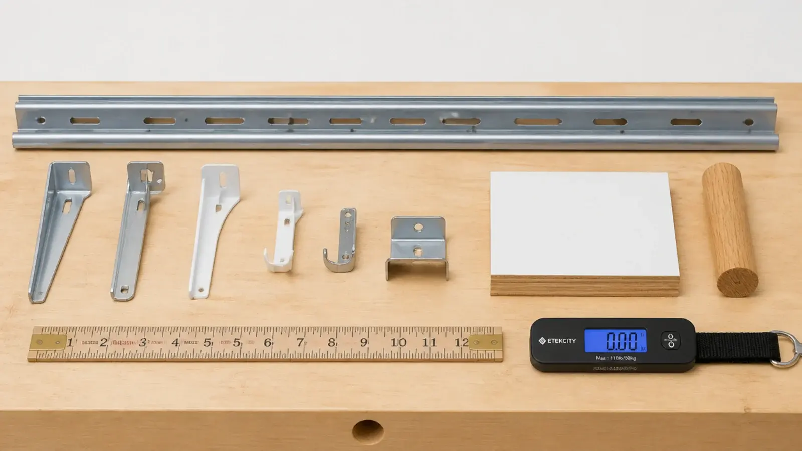 workbench with closet system brackets rails and shelf samples laid out