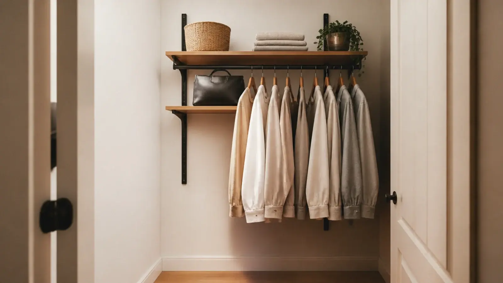wall mounted track and bracket closet system carrying rods and shelves