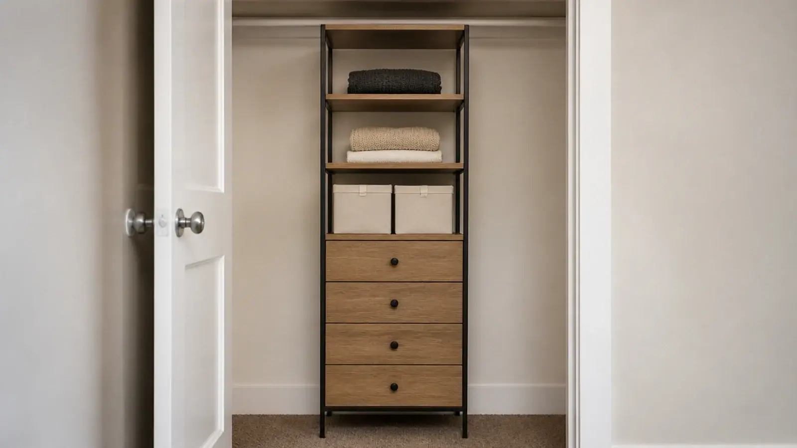 freestanding modular closet tower with drawers standing against a wall