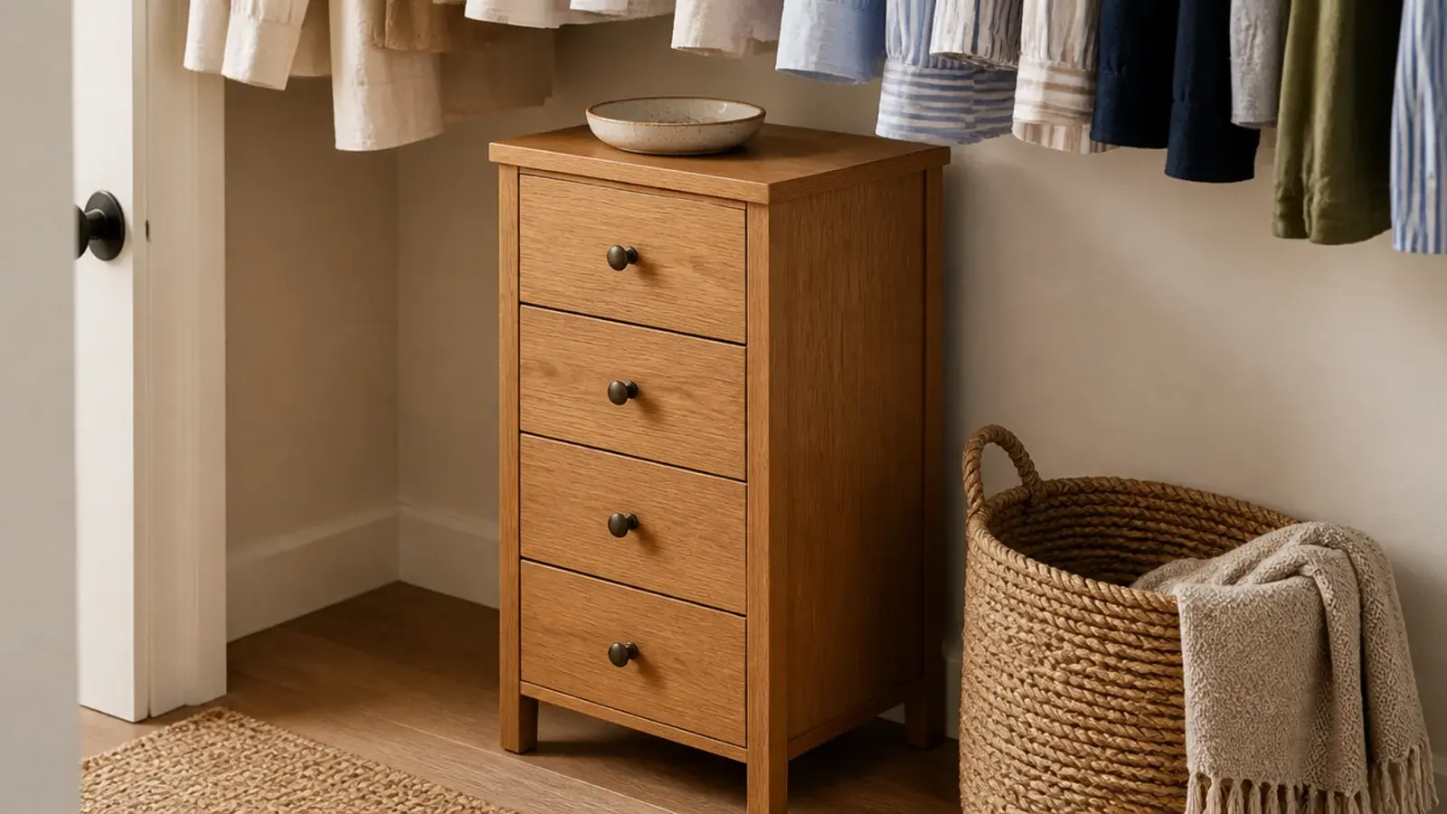 slim stackable drawer tower tucked beneath hanging clothes in a closet