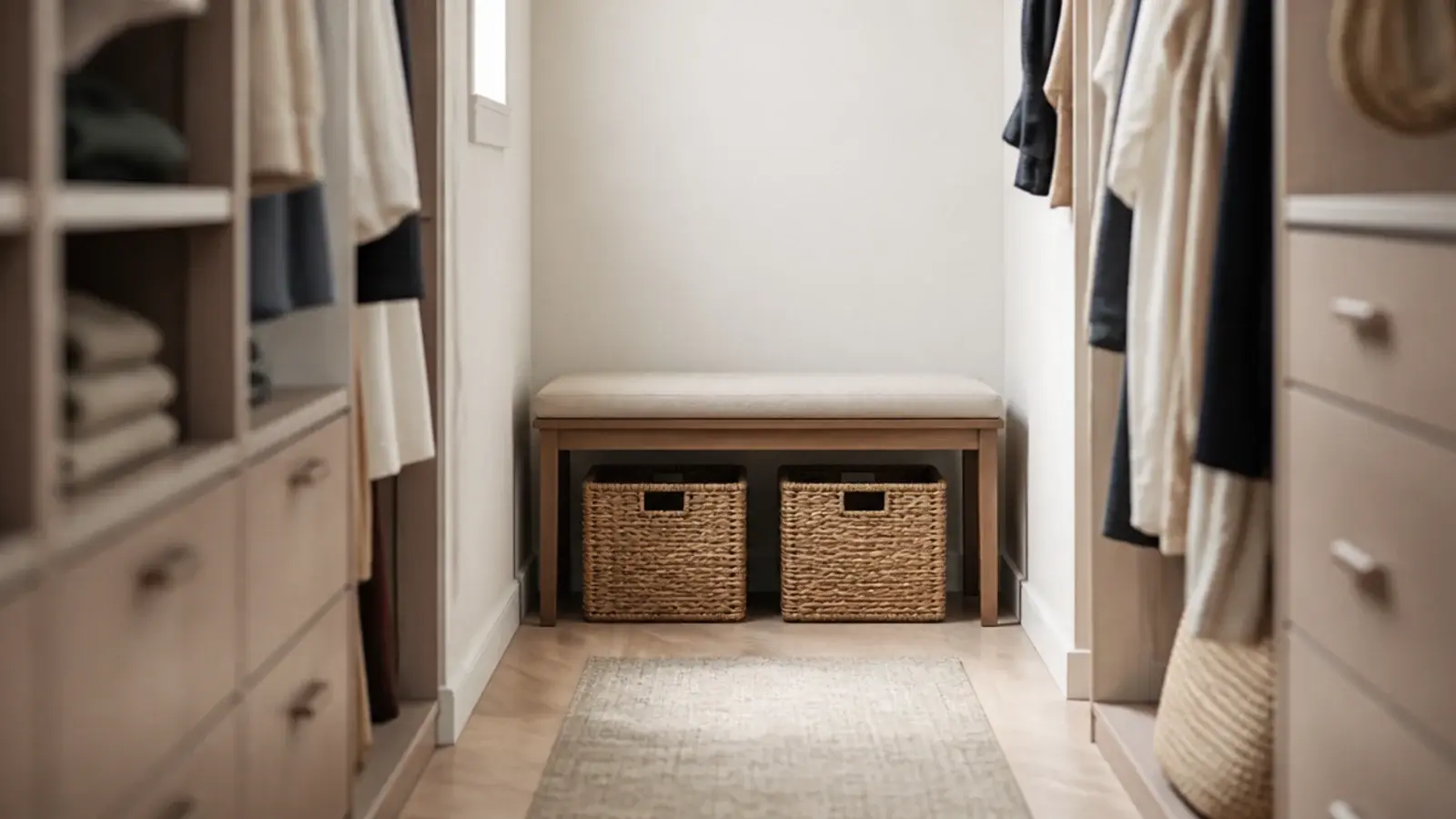 closet bench with baskets underneath at the end of a walk-in