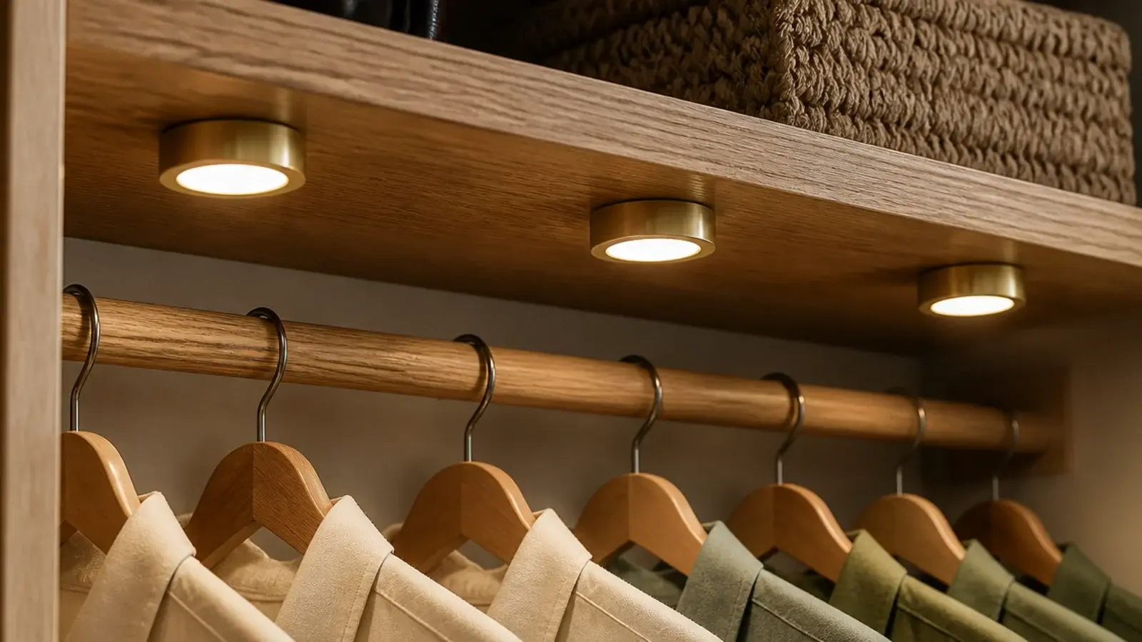 rechargeable puck lights lighting hanging clothes in a small closet