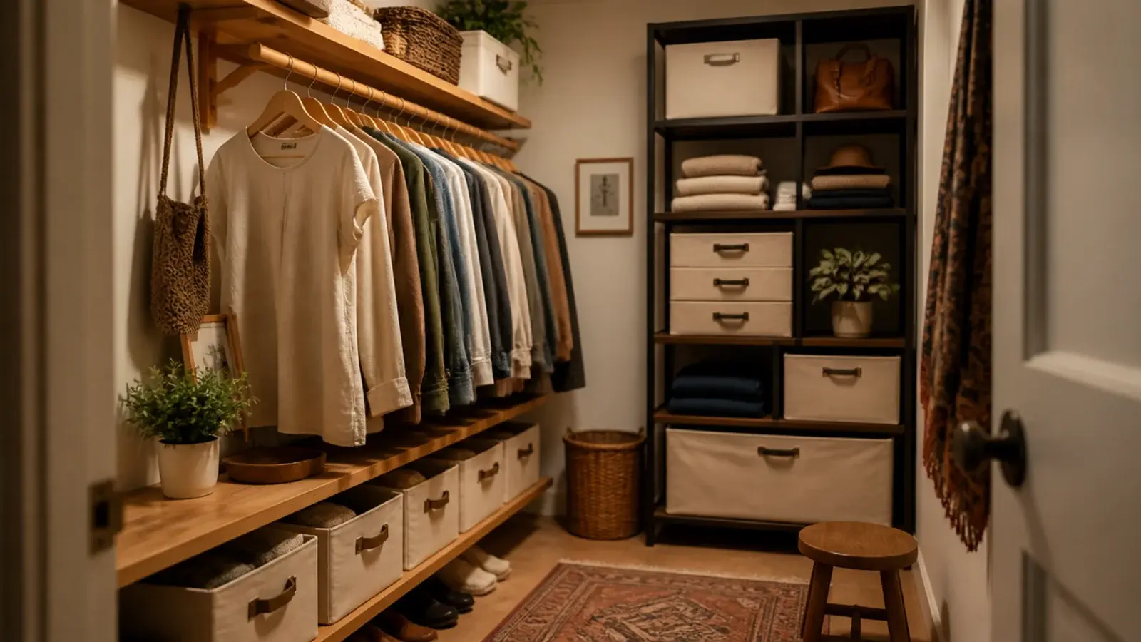 a lineup of small closet systems in oak steel and painted finishes