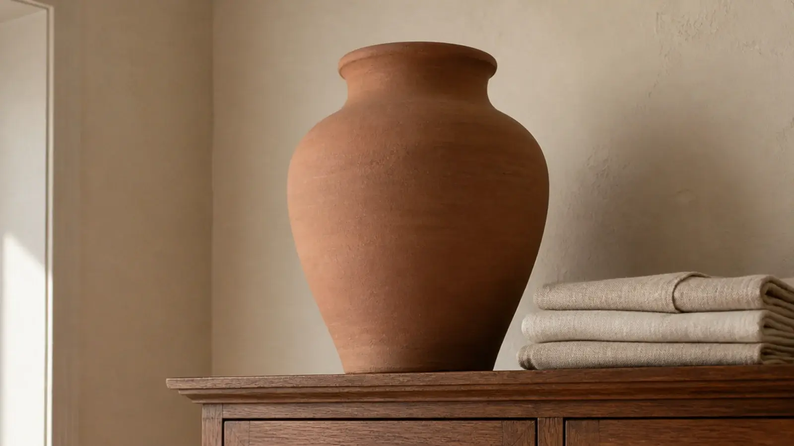 terracotta vessel on a high closet shelf beside folded linens