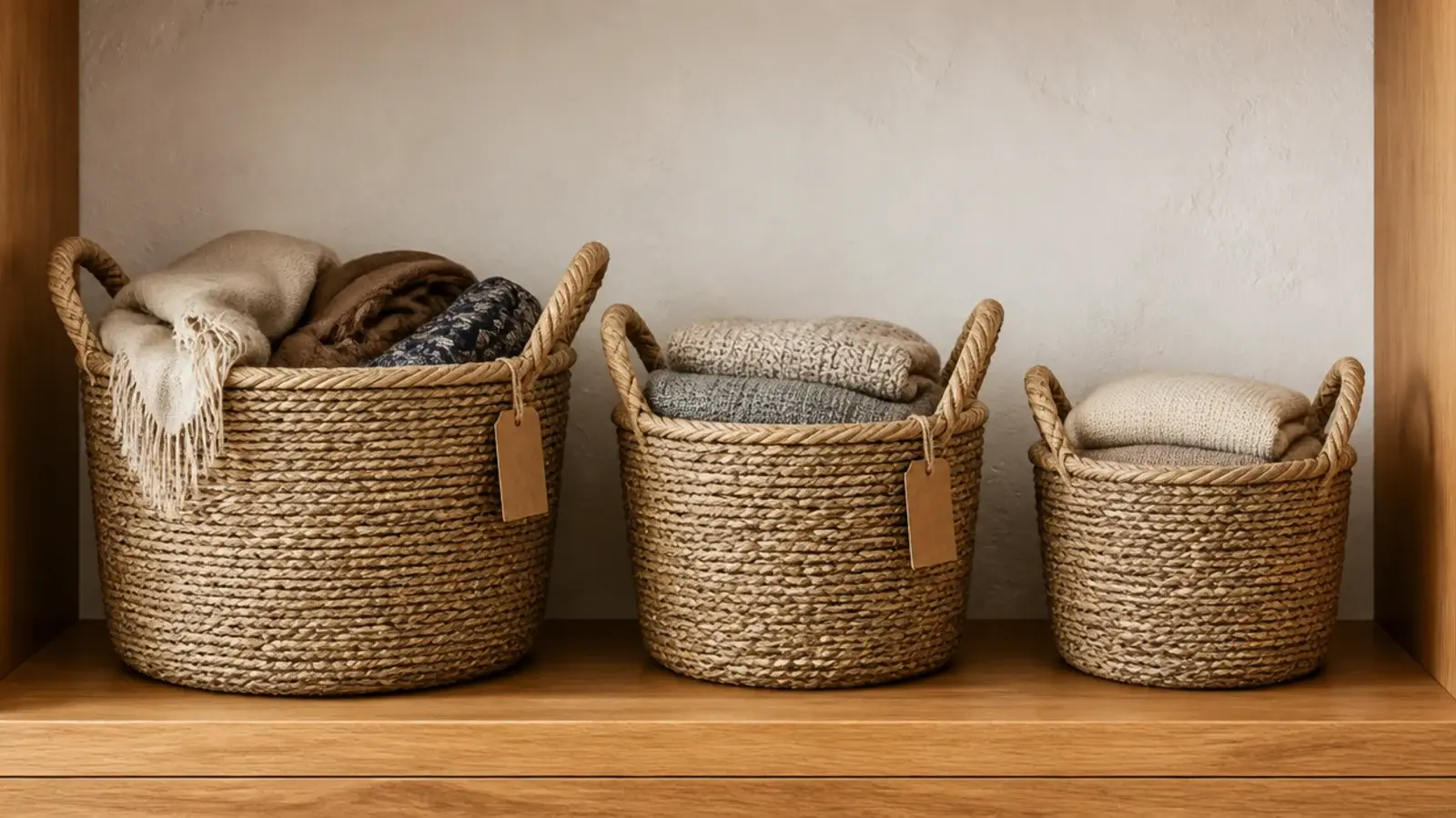 three sizes of seagrass basket lined along boho closet shelving
