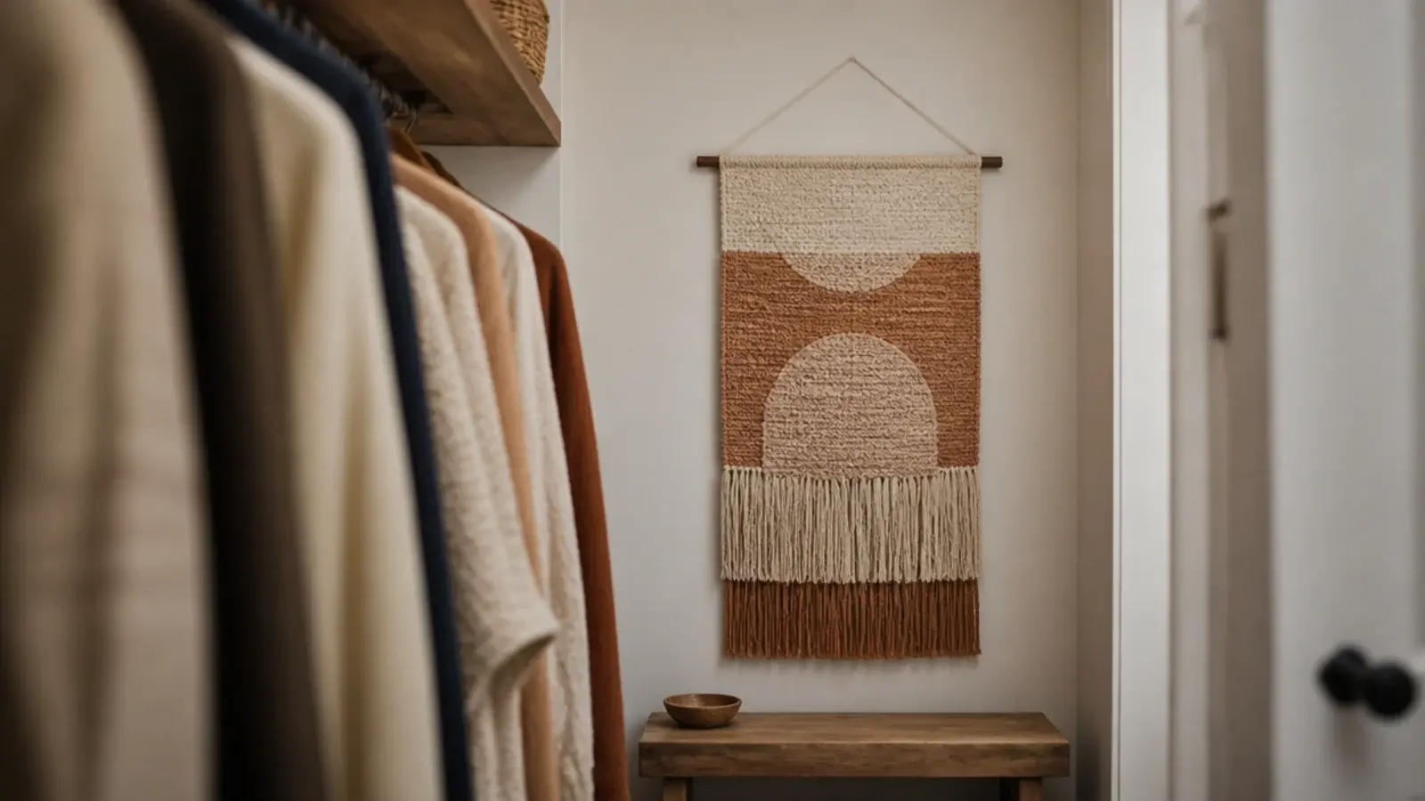woven wall hanging on the end wall of a small boho closet