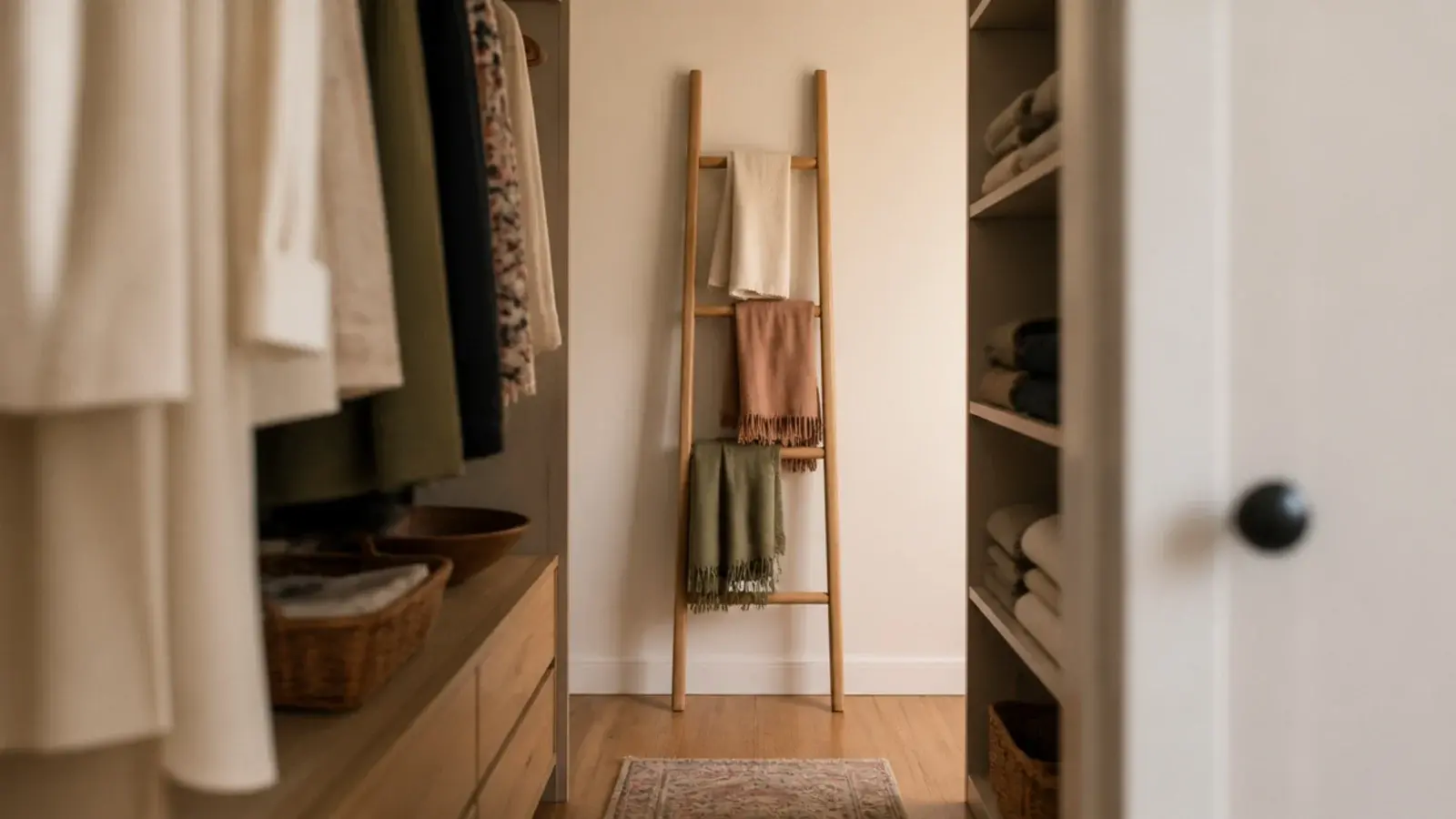 leaning wooden ladder holding draped scarves in a walk-in closet