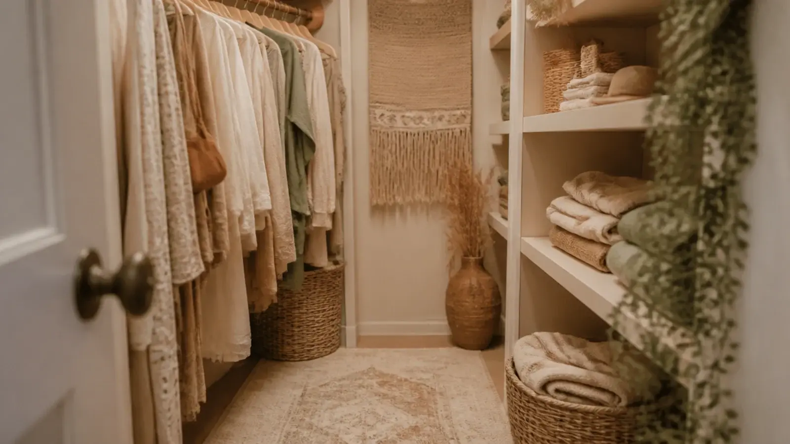 closet clothing and storage all within a warm neutral color range