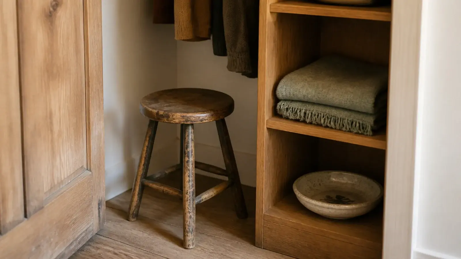 small vintage wooden stool standing inside a boho walk-in closet