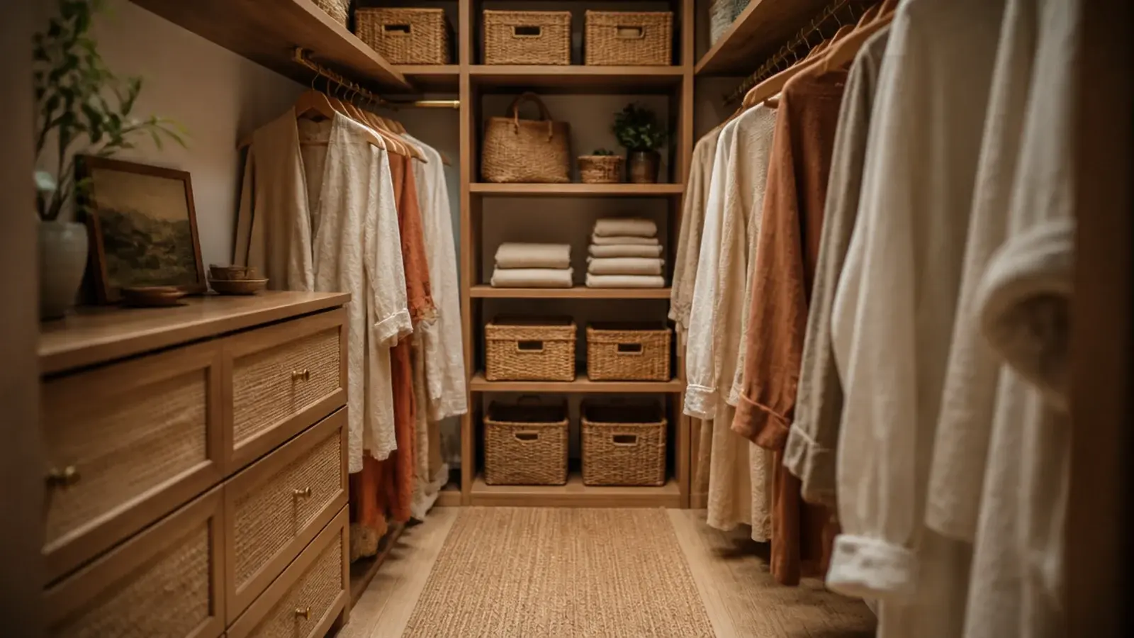 boho walk-in closet with rattan baskets brass rods and layered linen textures