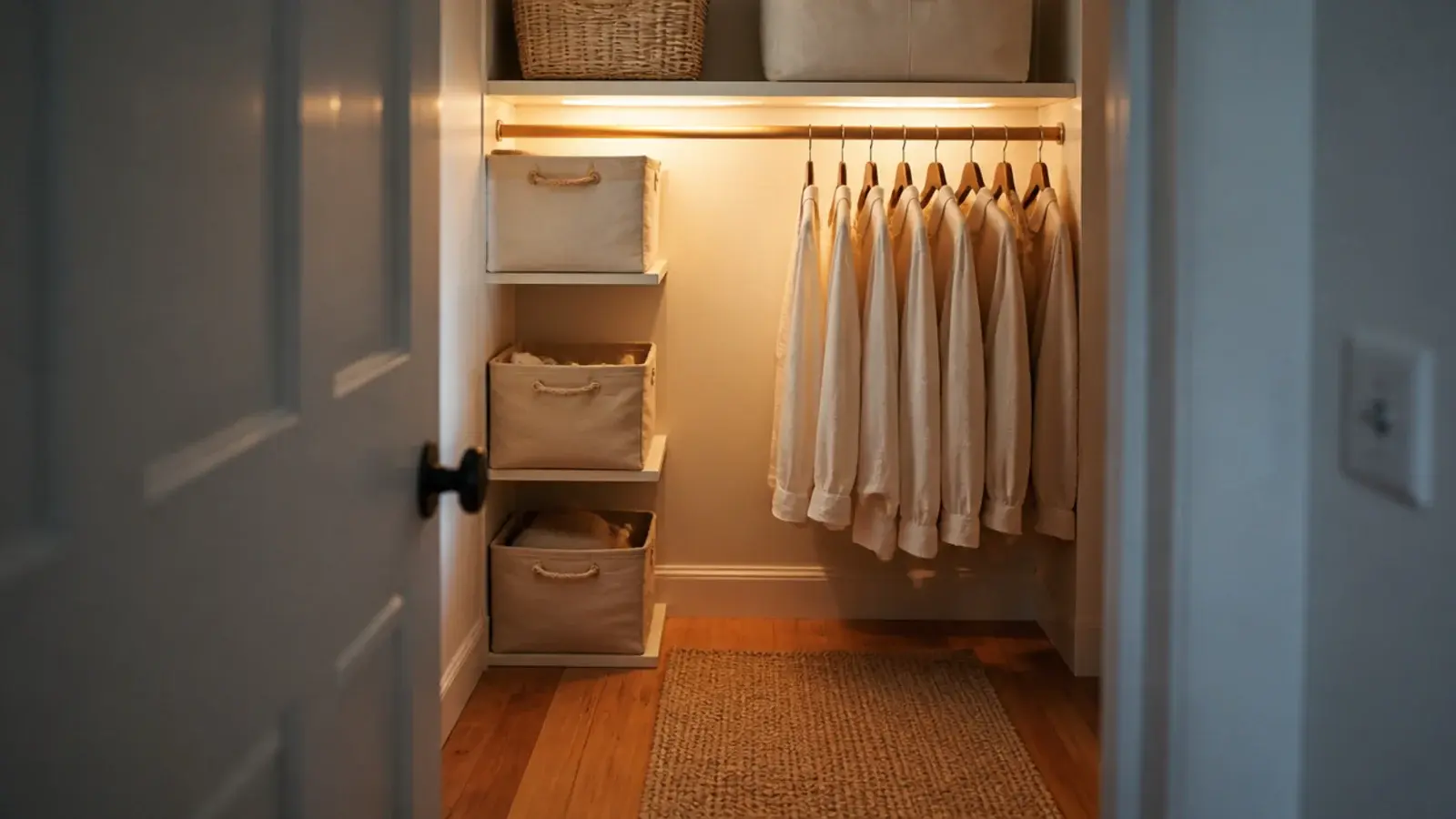 budget walk-in closet with tension rods canvas bins and warm shelf lighting
