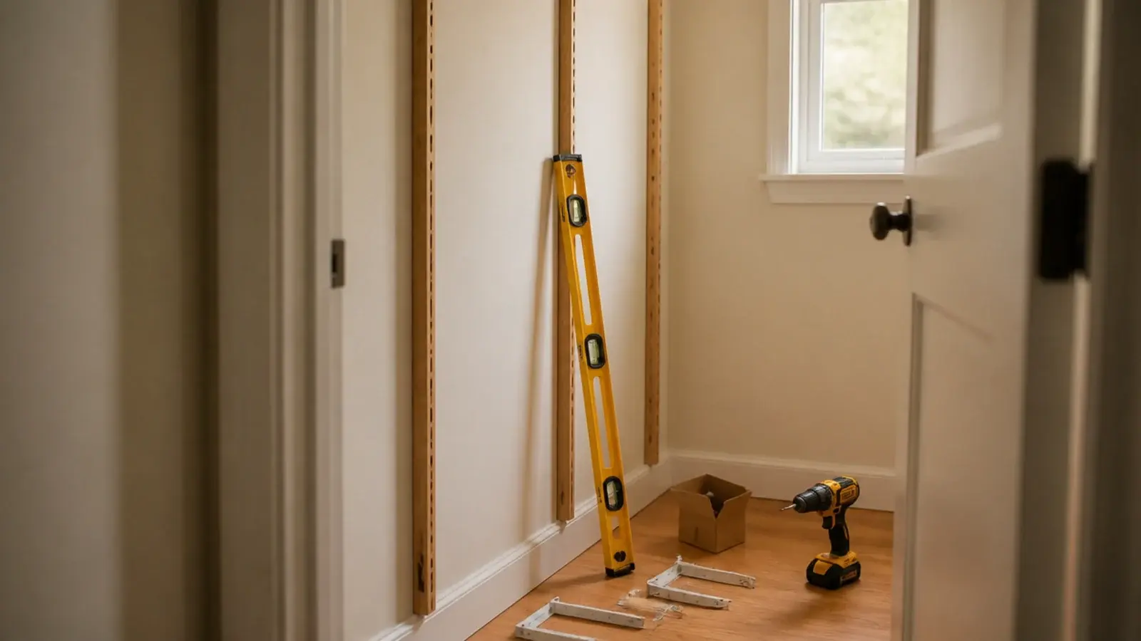 small walk-in closet mid build with oak shelving standards and a level