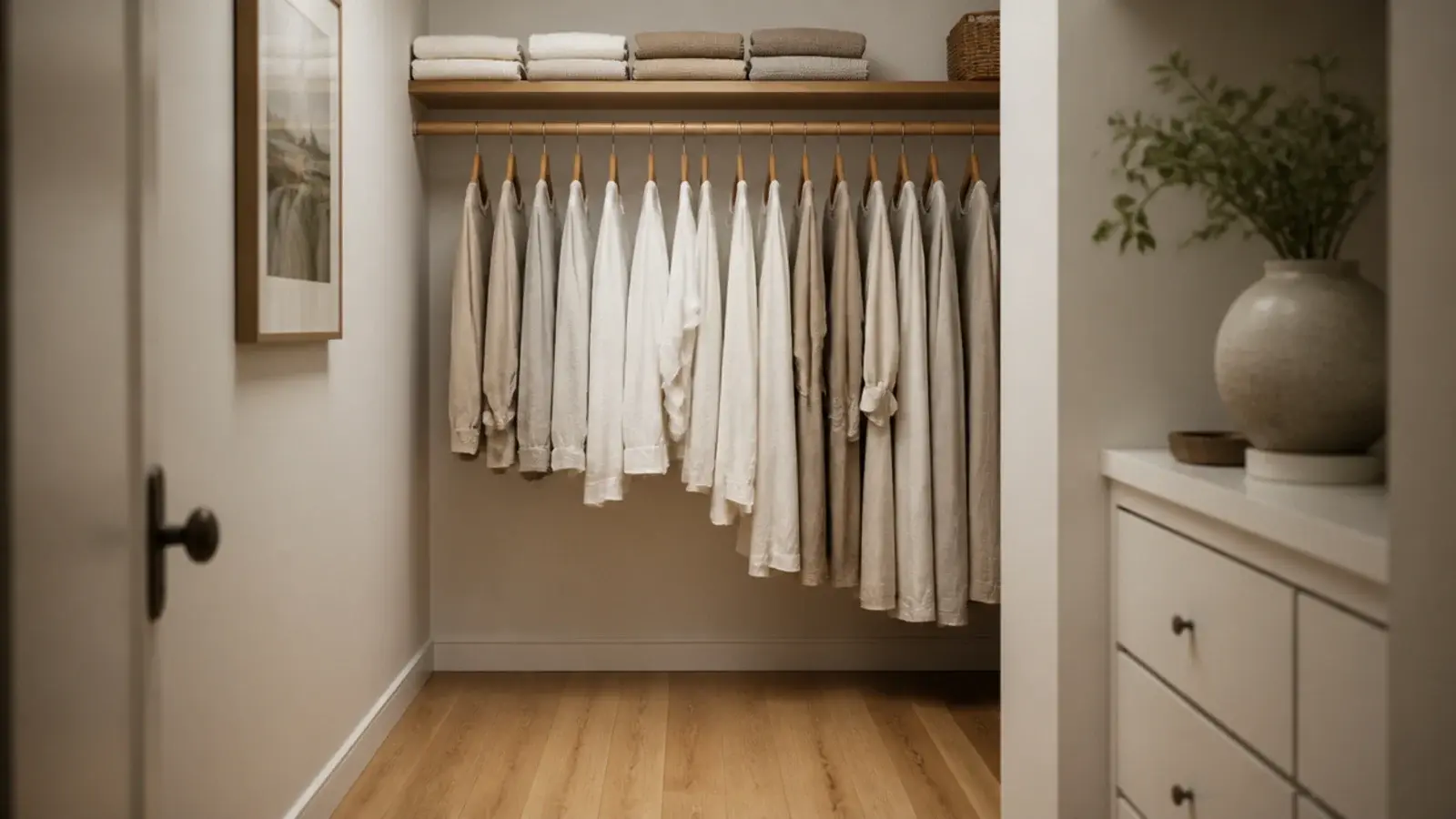 calm minimalist walk-in closet with one wood tone and matching hangers