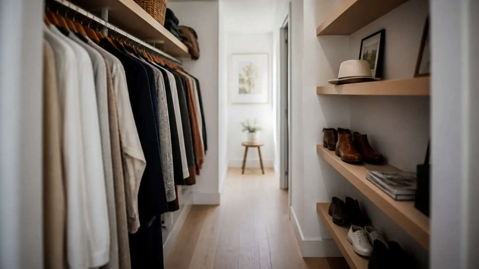 clear walkway between hanging and shelving in a narrow walk-in closet