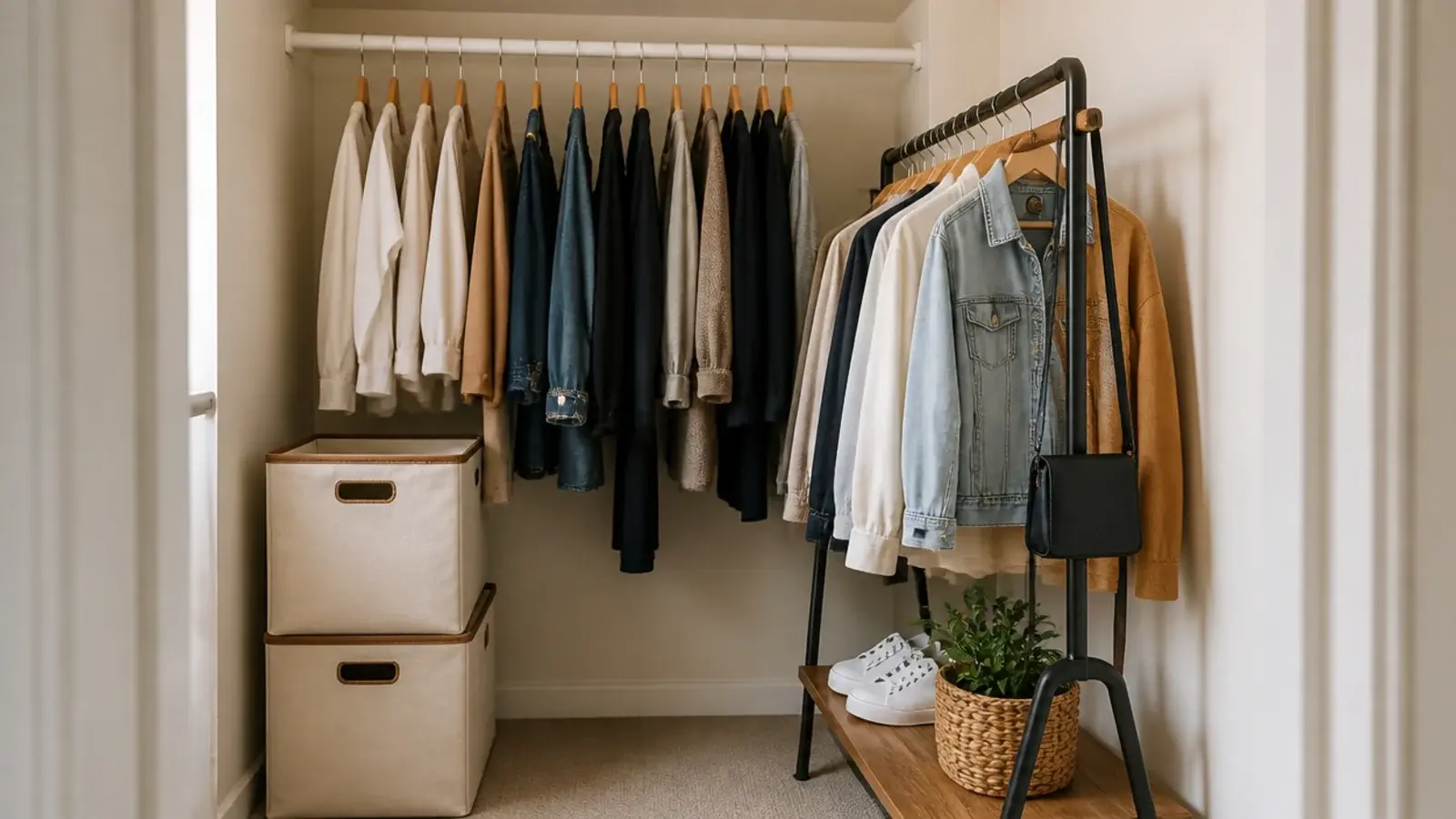 tension rods and freestanding rack in a no drill rental closet