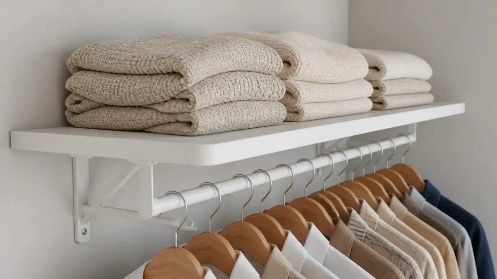 painted plywood shelves replacing wire shelving above closet hanging rails
