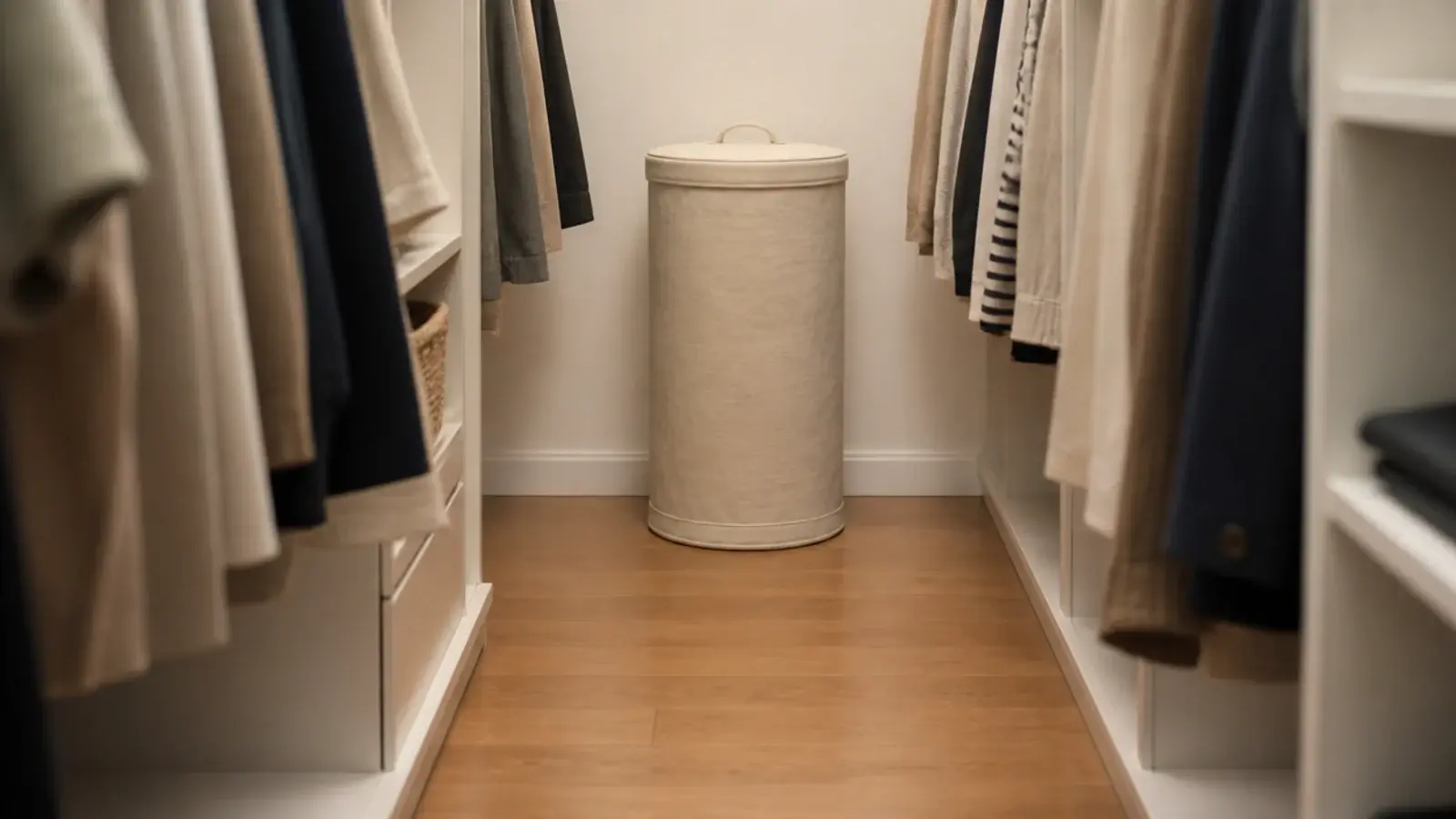 lidded canvas hamper standing at the end of a tidy closet walkway