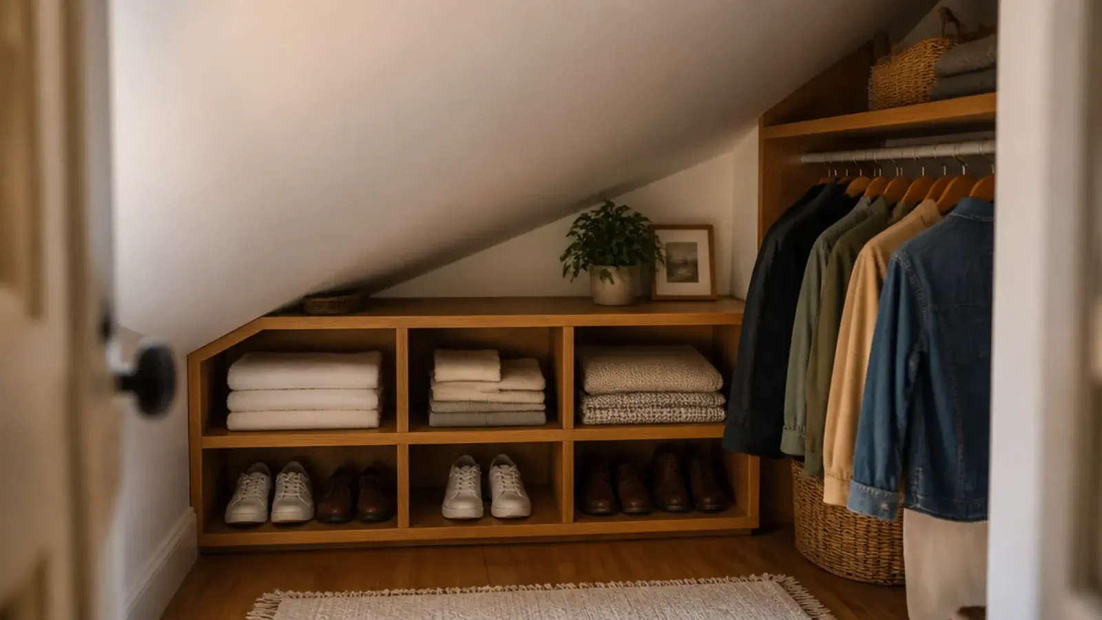 low sloped closet ceiling fitted with shelving and a short hanging rail