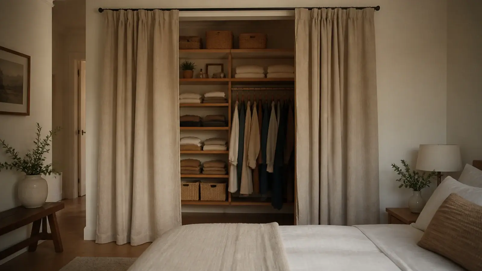 linen curtain replacing a swing door on a small walk-in closet