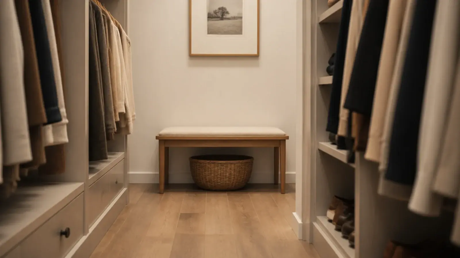 slim bench replacing an island at the end of a small closet