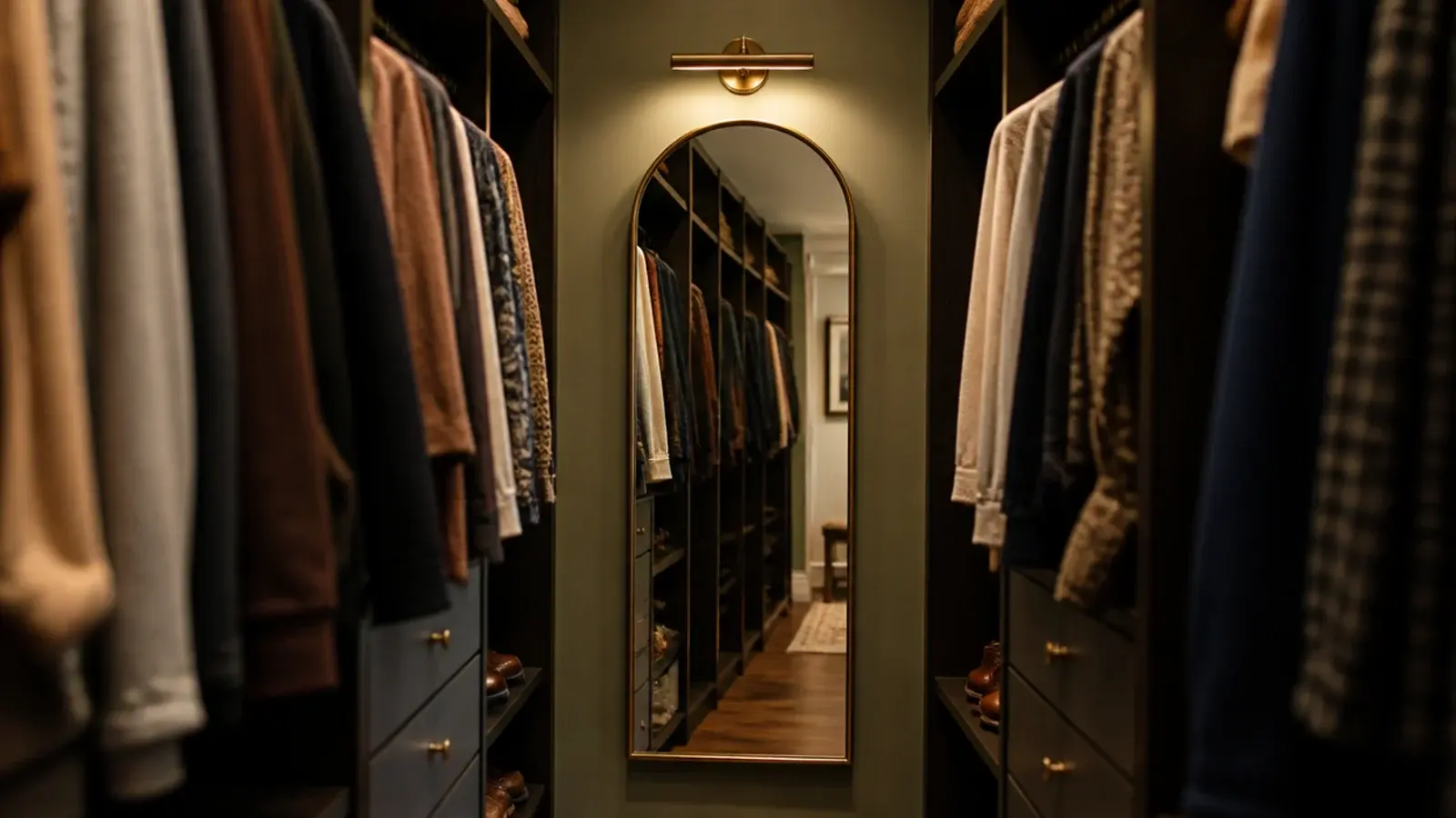 lit end wall with a mirror at the end of a closet
