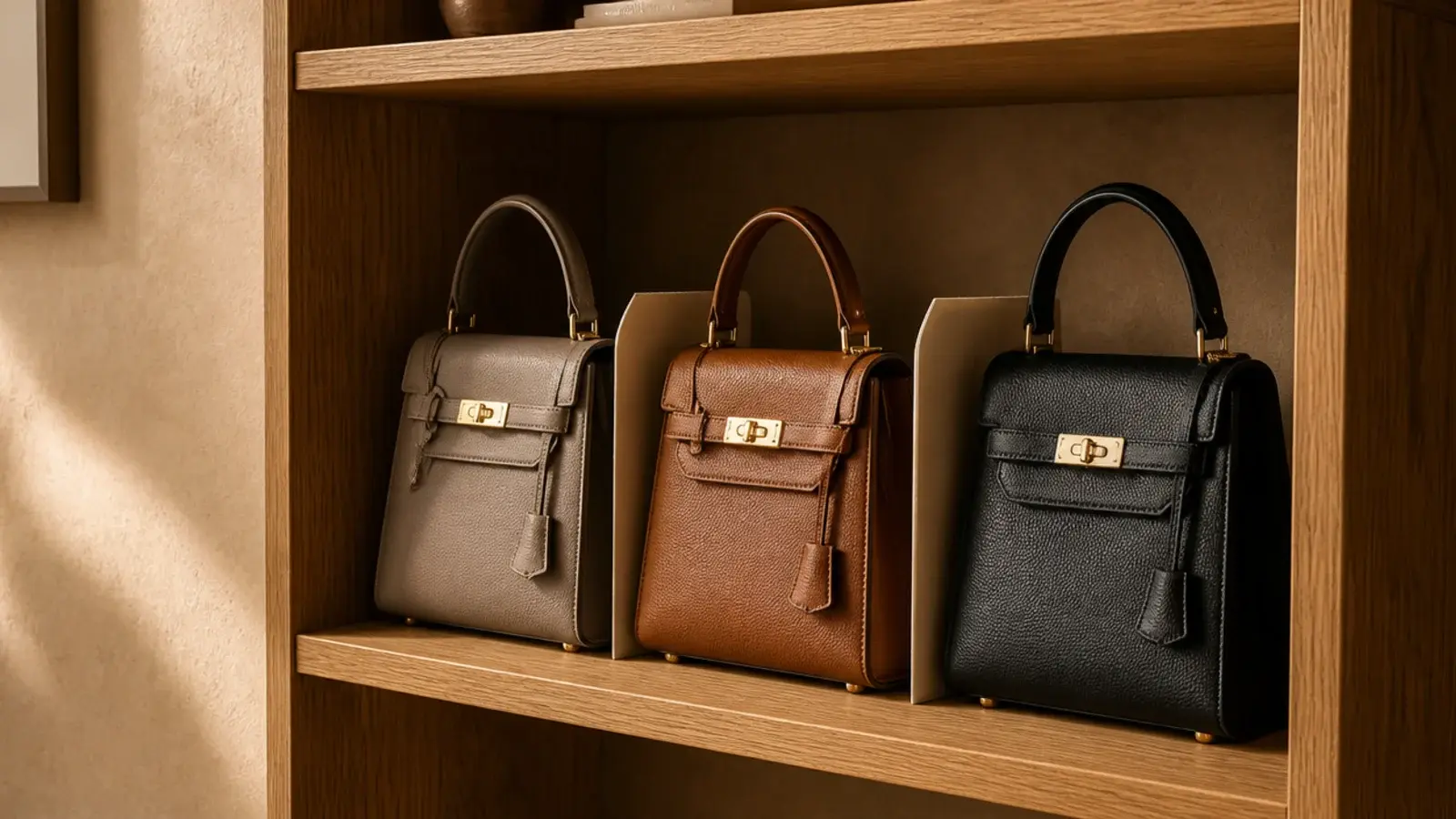 structured handbags stored upright with dividers on a closet shelf