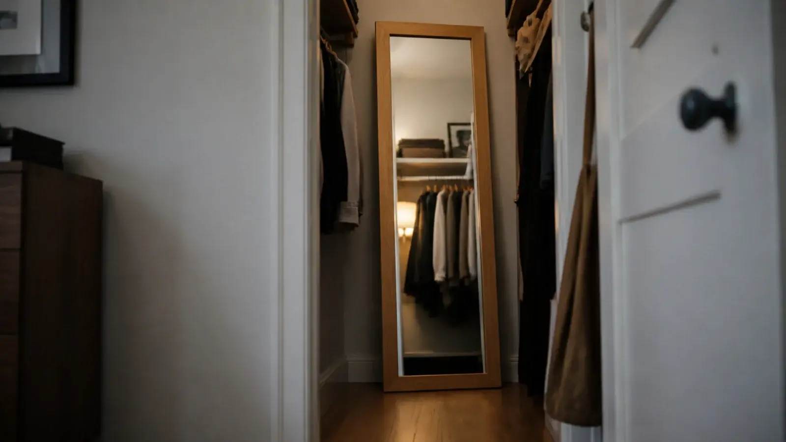 full length mirror leaning inside a small walk-in closet doorway