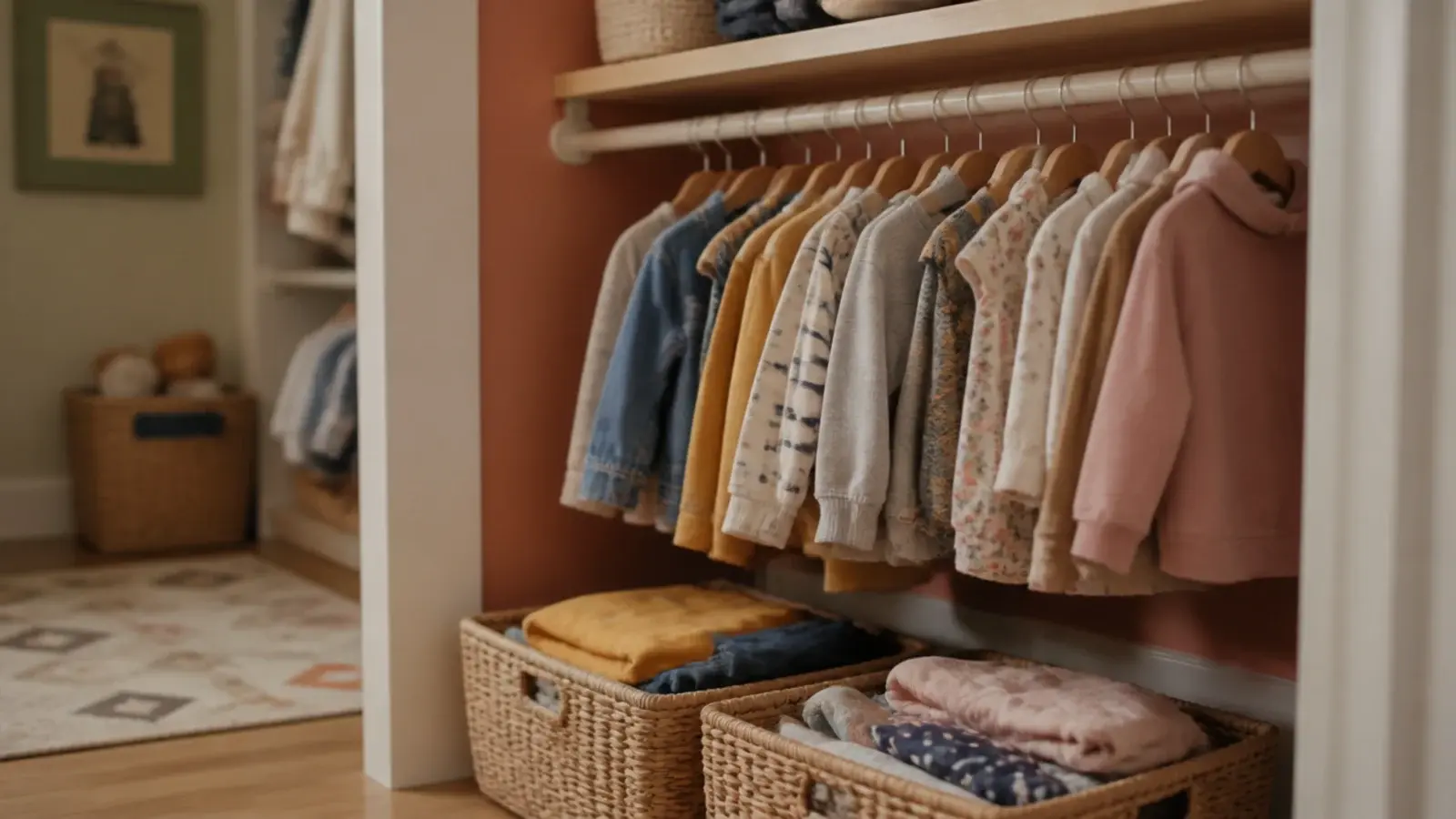 low child height rail and open bins in a small family closet