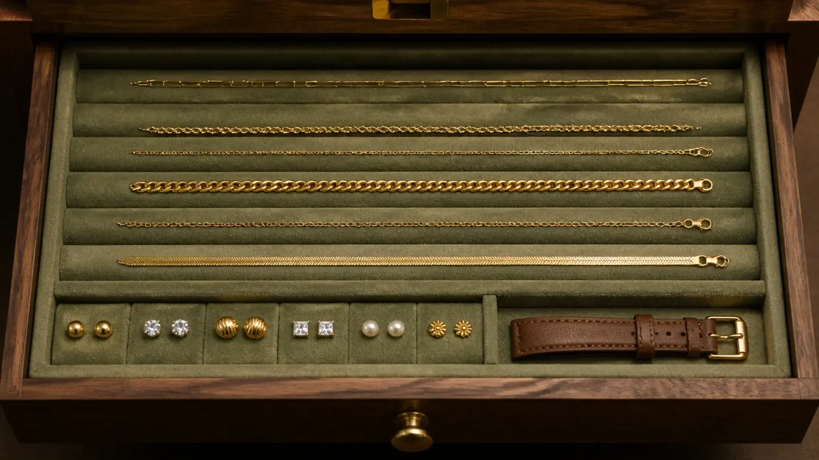 lined shallow drawer holding untangled chains and rings neatly