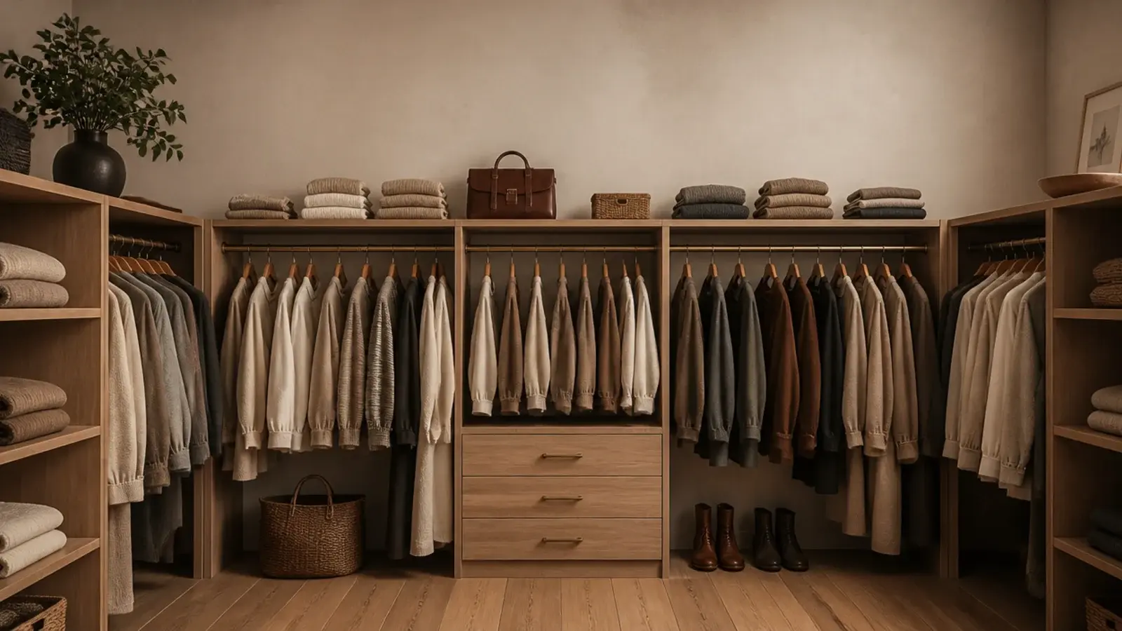 vertical small closet before and after image of a calm warm walk-in