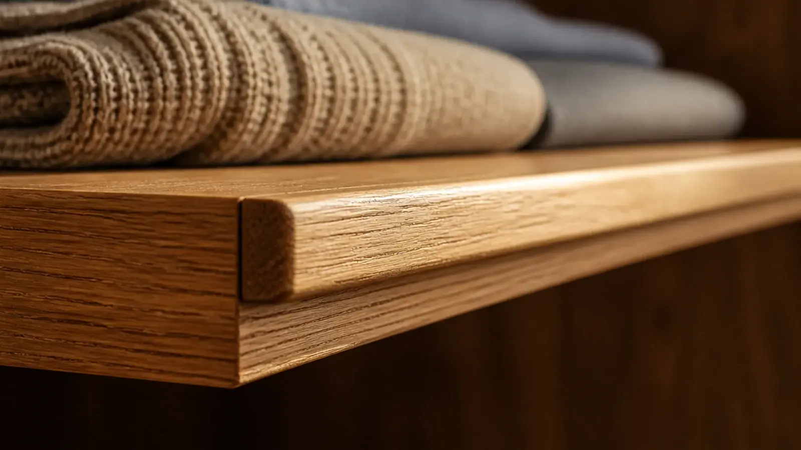 thin oak lip finishing the front edge of a closet shelf with knitwear
