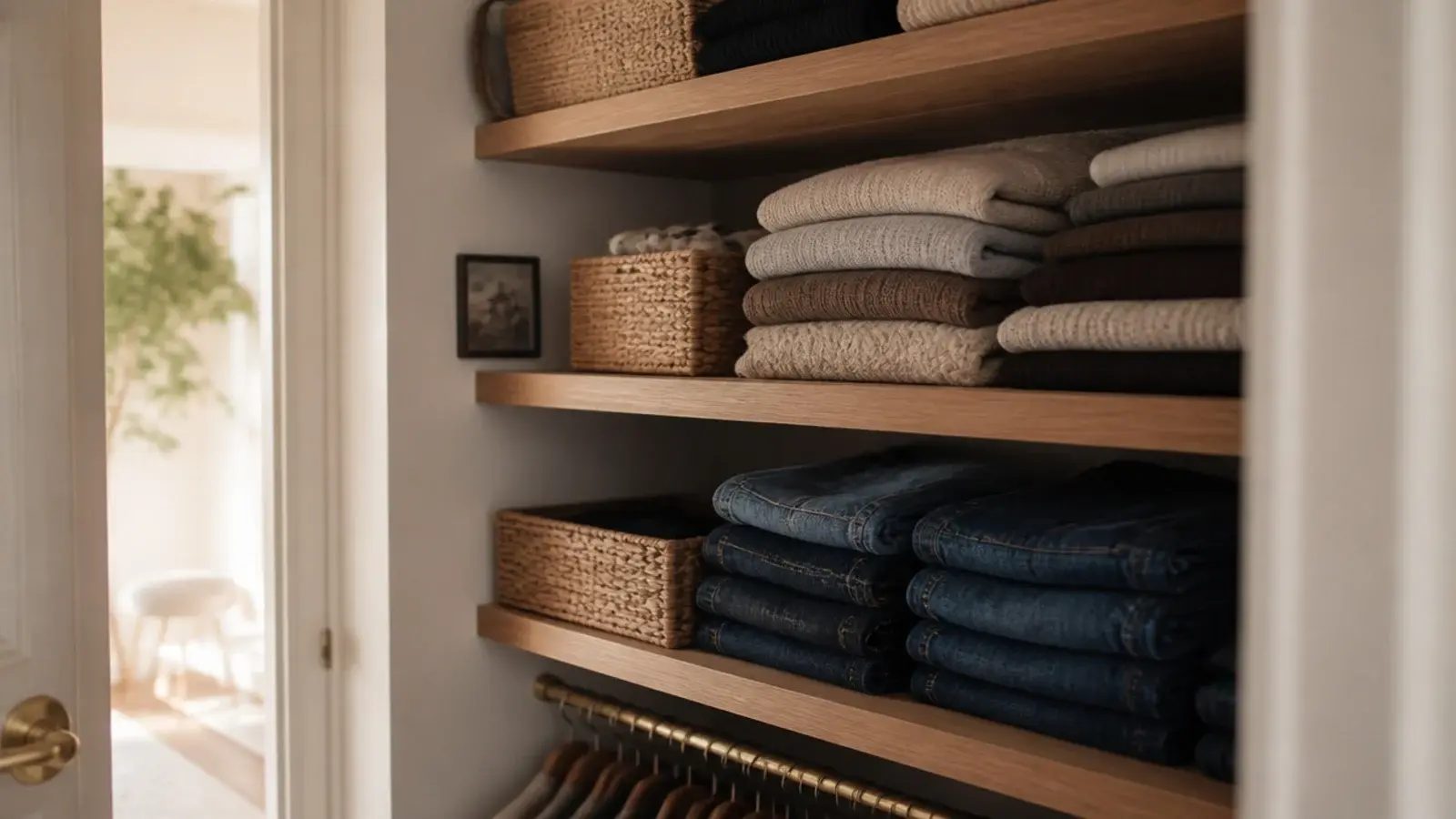 small closet shelving in warm oak with folded knits and woven baskets