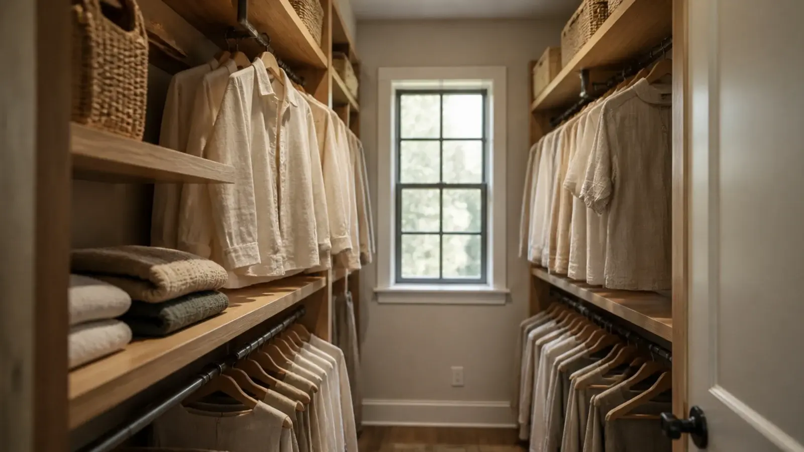 small walk-in closet with double hanging rods, oak shelves and folded knits