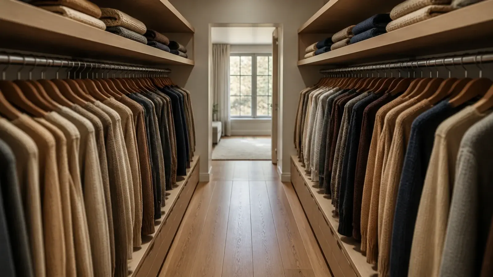 galley closet layout with hanging rods facing each other across a walkway