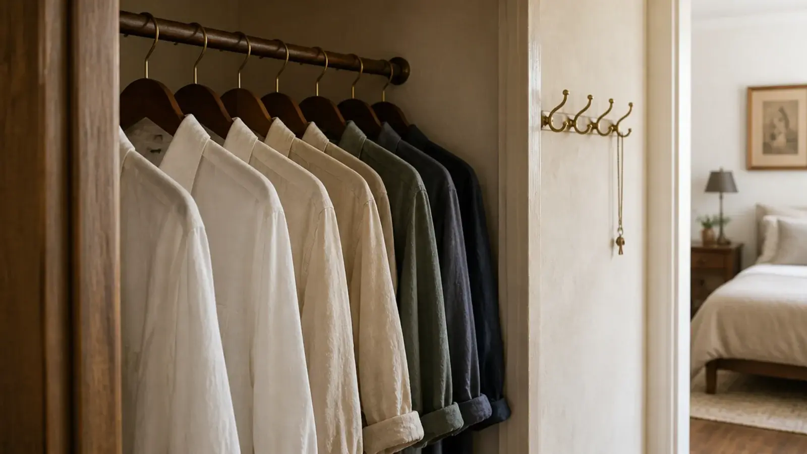 everyday shirts hanging immediately inside a small closet doorway