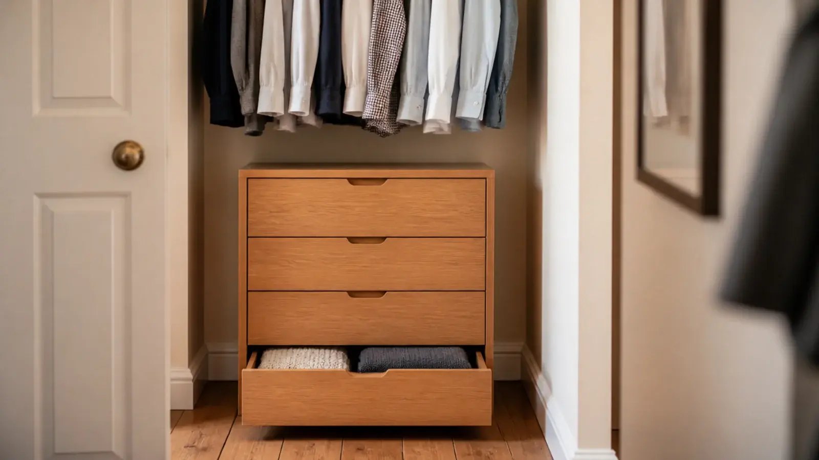 drawer tower fitted beneath a short hanging rod in a closet layout