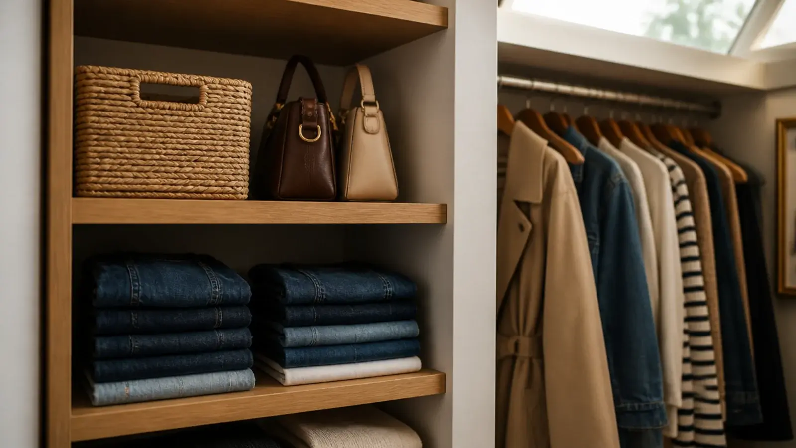 stacked shelves filling the corner of a small walk-in closet layout
