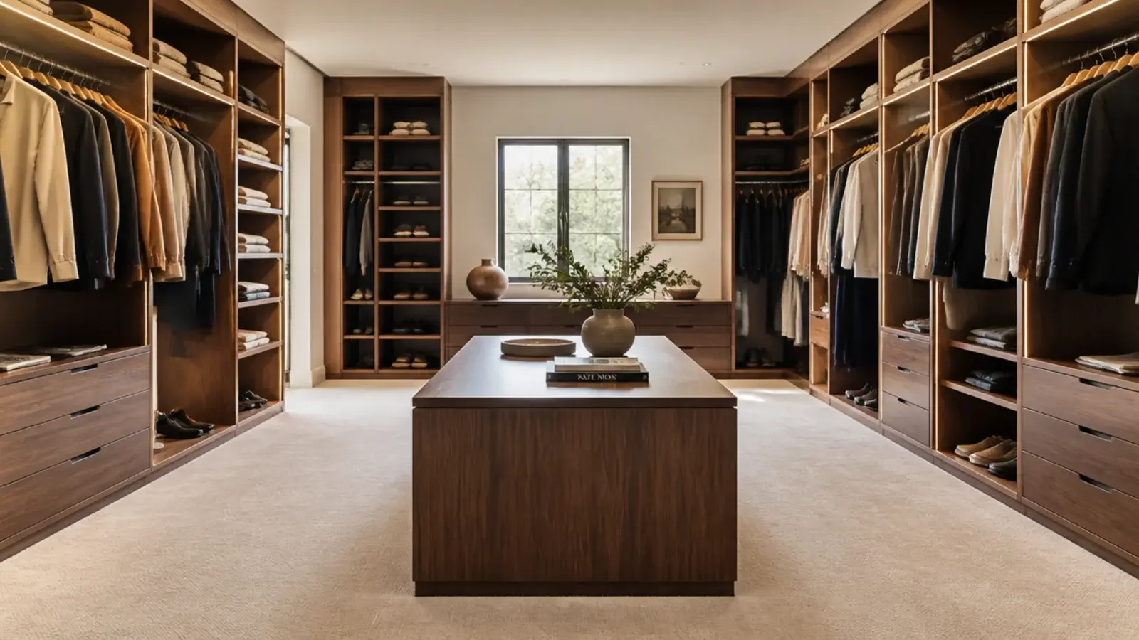 narrow closet island with clear space on all four sides