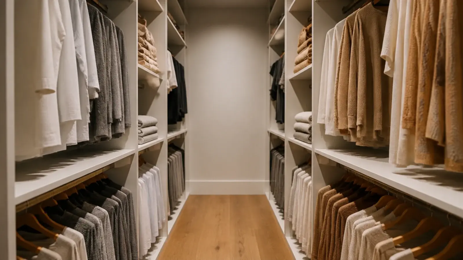shared closet split with one persons clothing on each wall