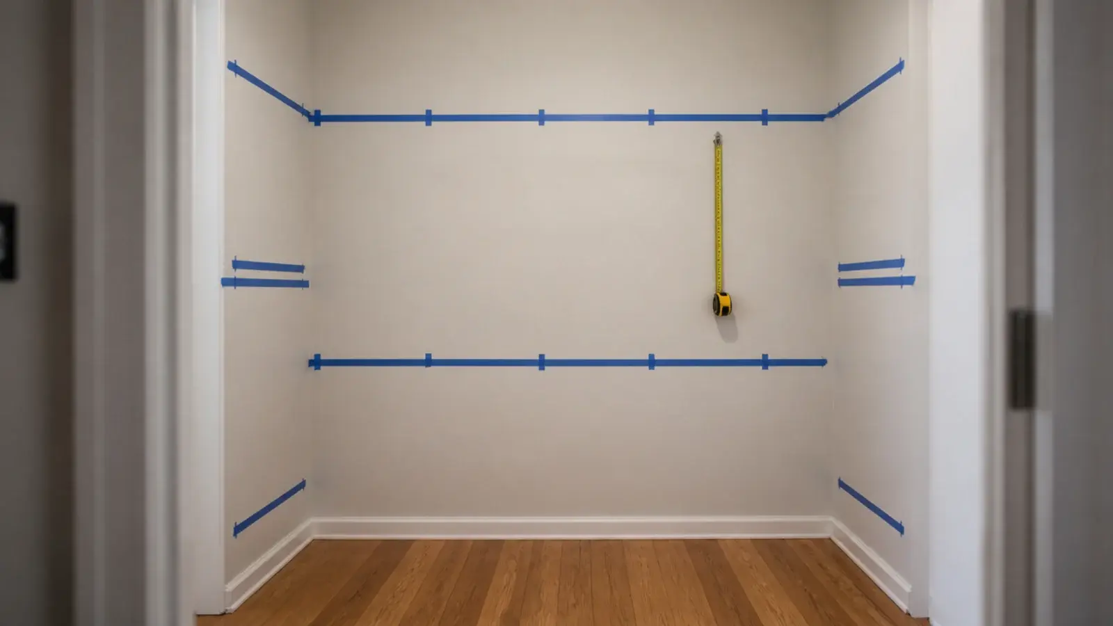 painters tape marking rods and shelves on an empty closet wall