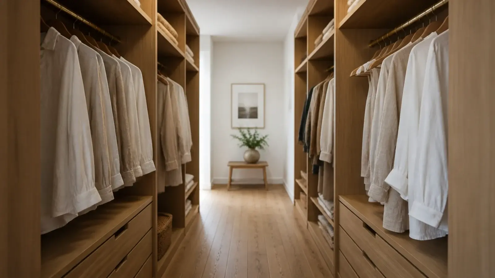 small walk-in closet layout with facing hanging walls and a clear central walkway